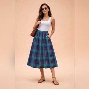 Outback Red 100% Cotton Plaid Midi Skirt Button Front Cottagecore